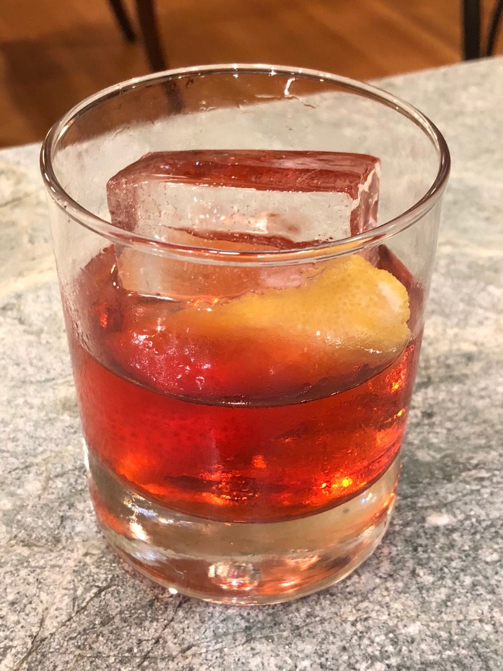 Negroni with sherry vermouth and hand-cut ice.